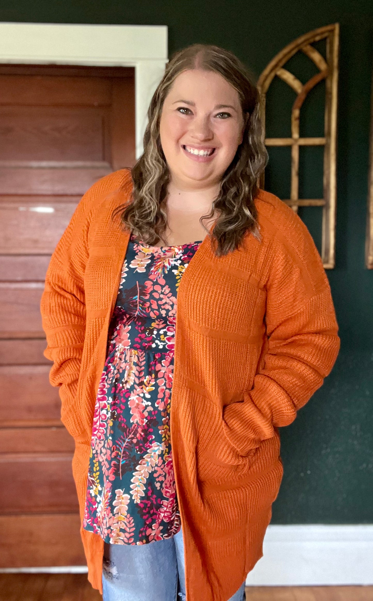 TEXTURED OPEN CARDI RUST