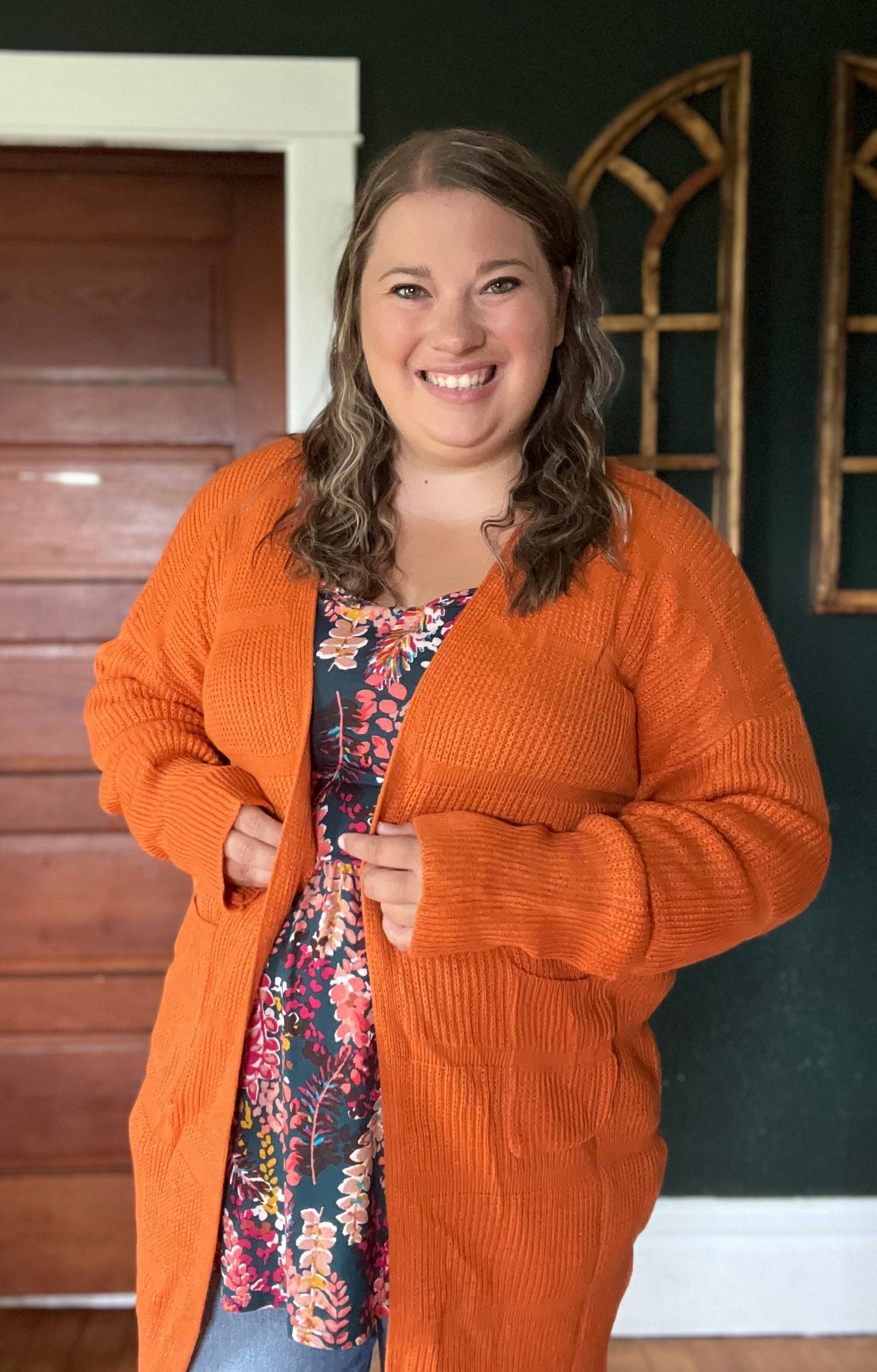 TEXTURED OPEN CARDI RUST