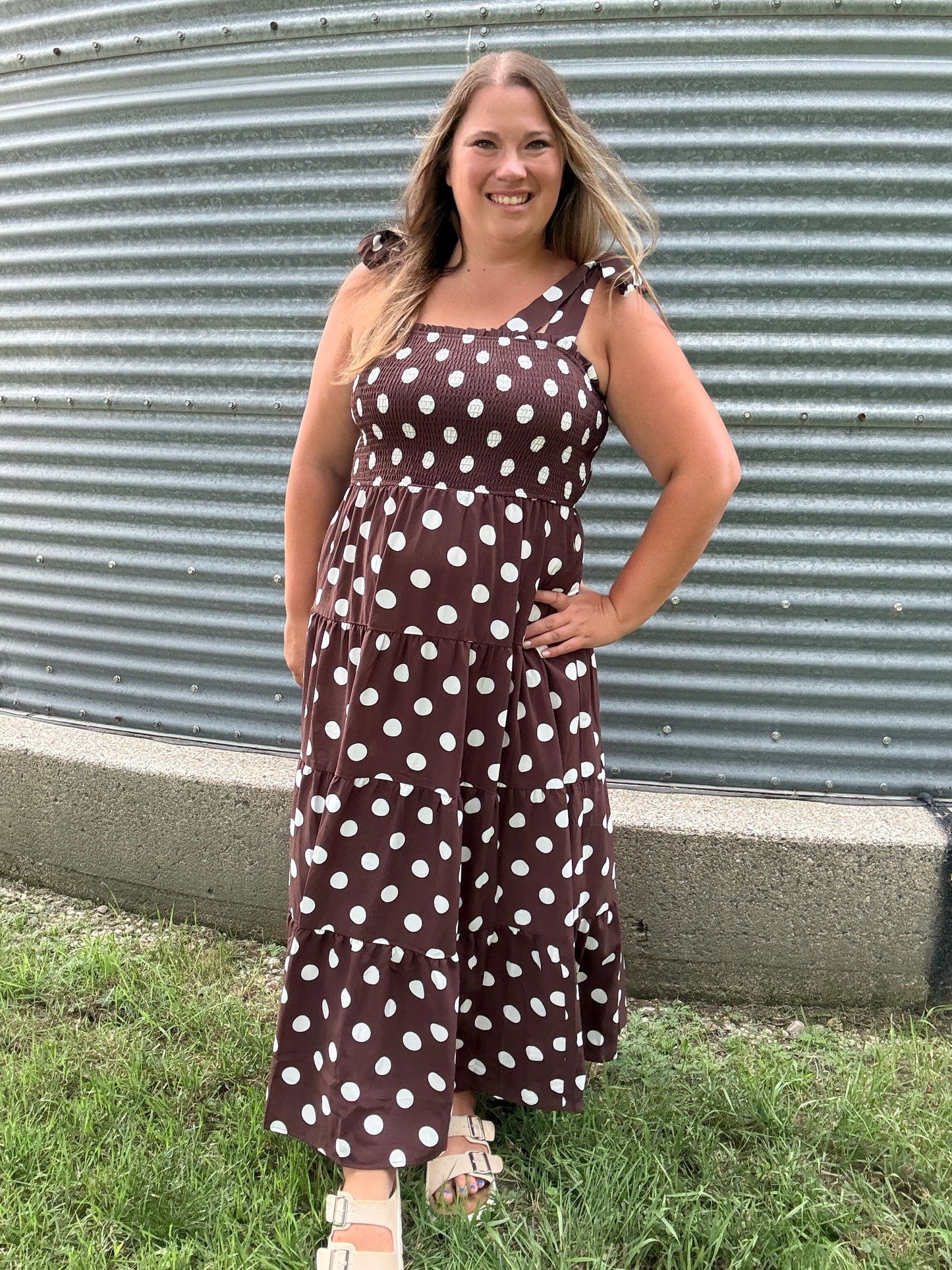 POLKA DOT MIDI DRESS BROWN