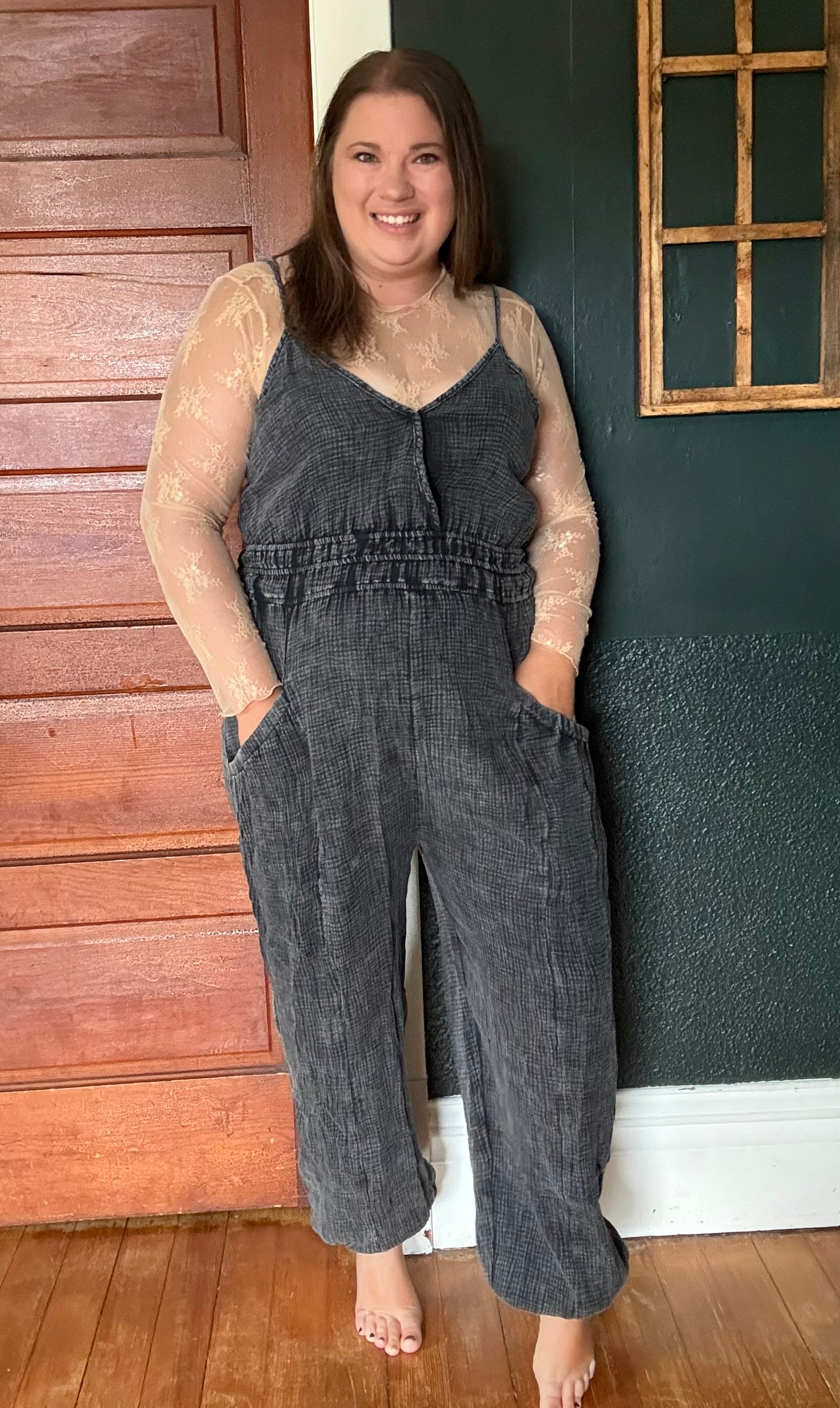 MINERAL WASH COTTON GAUZE JUMPSUIT