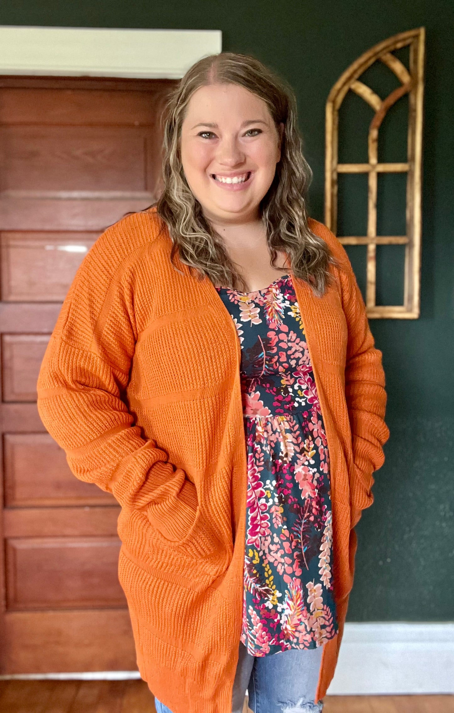 TEXTURED OPEN CARDI RUST