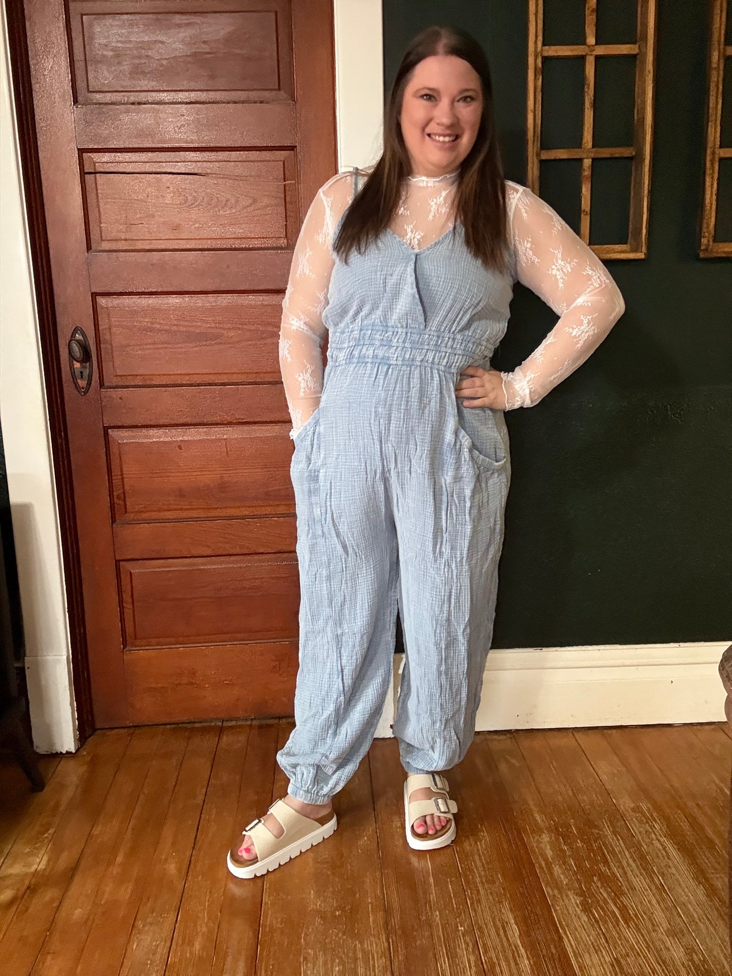 DENIM WASHED GAUZE JUMPSUIT