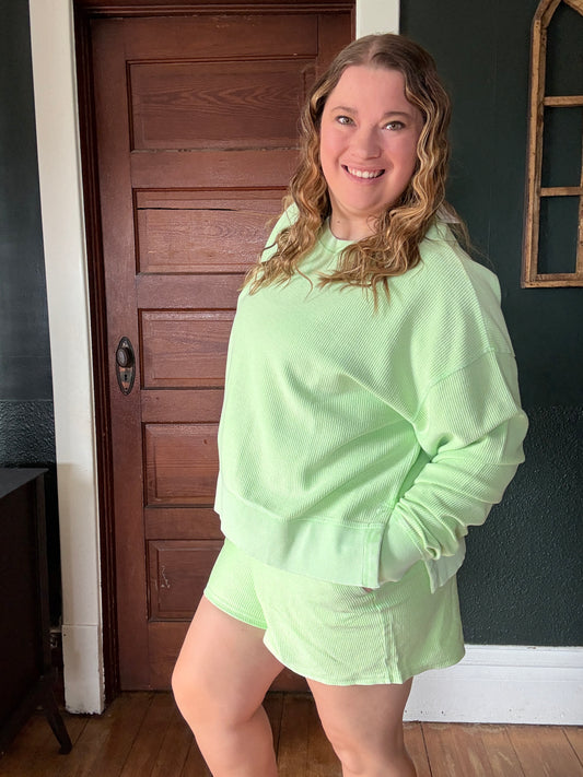 SUMMER GREEN CORDED CROPPED SIDE SLIT CREW