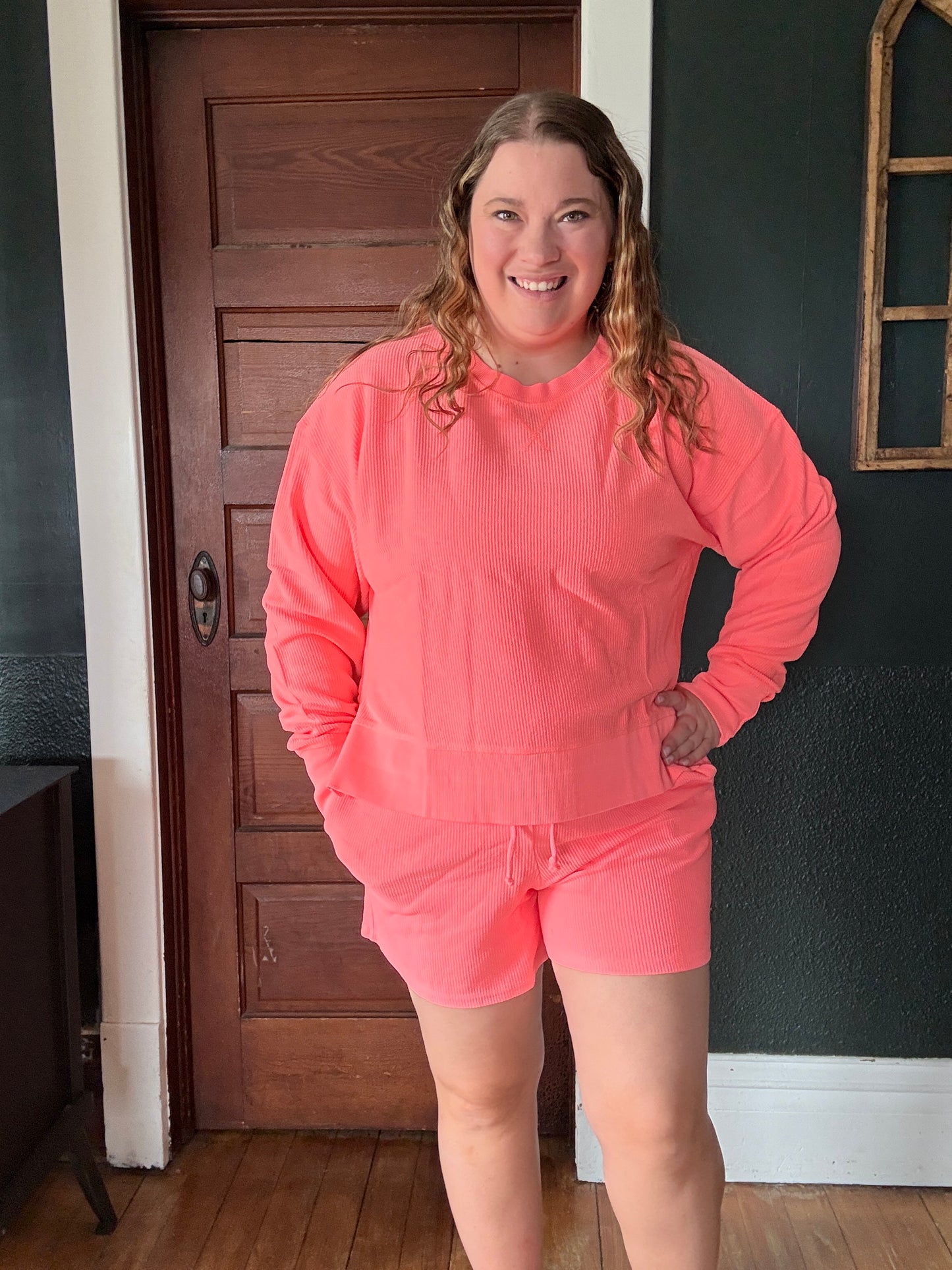 NEON CORAL CORDED CROPPED SIDE SLIT CREW