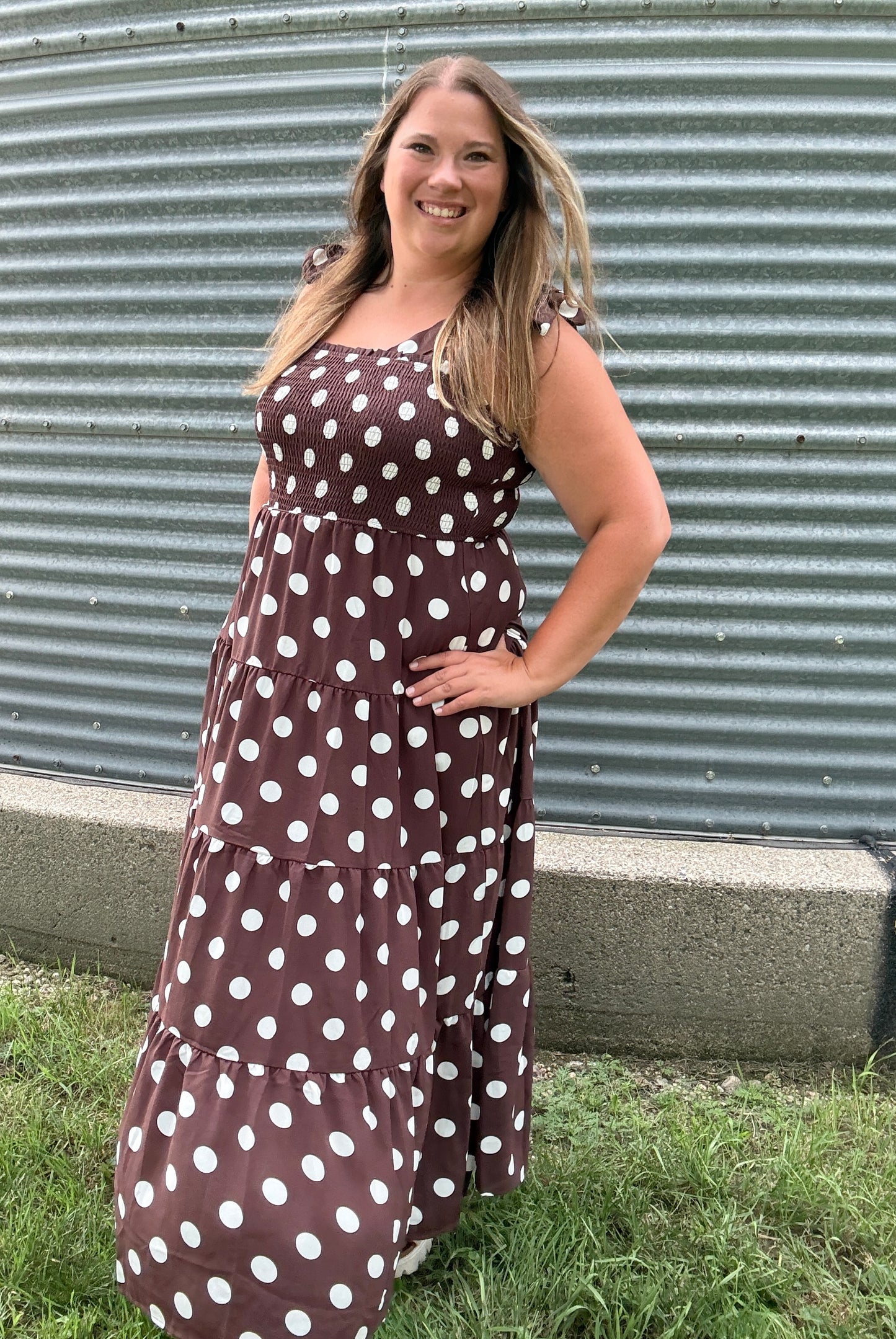 POLKA DOT MIDI DRESS BROWN