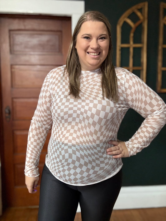 CHECKER MESH LONG SLEEVE TAUPE