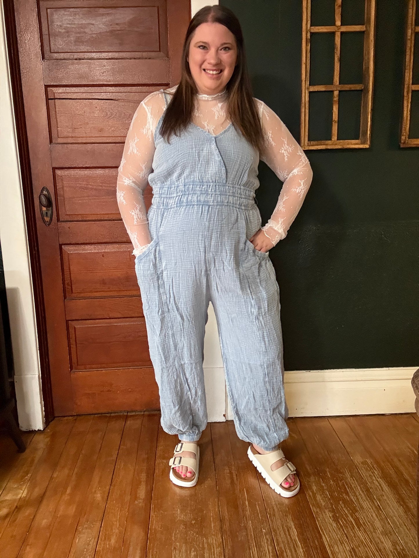 DENIM WASHED GAUZE JUMPSUIT