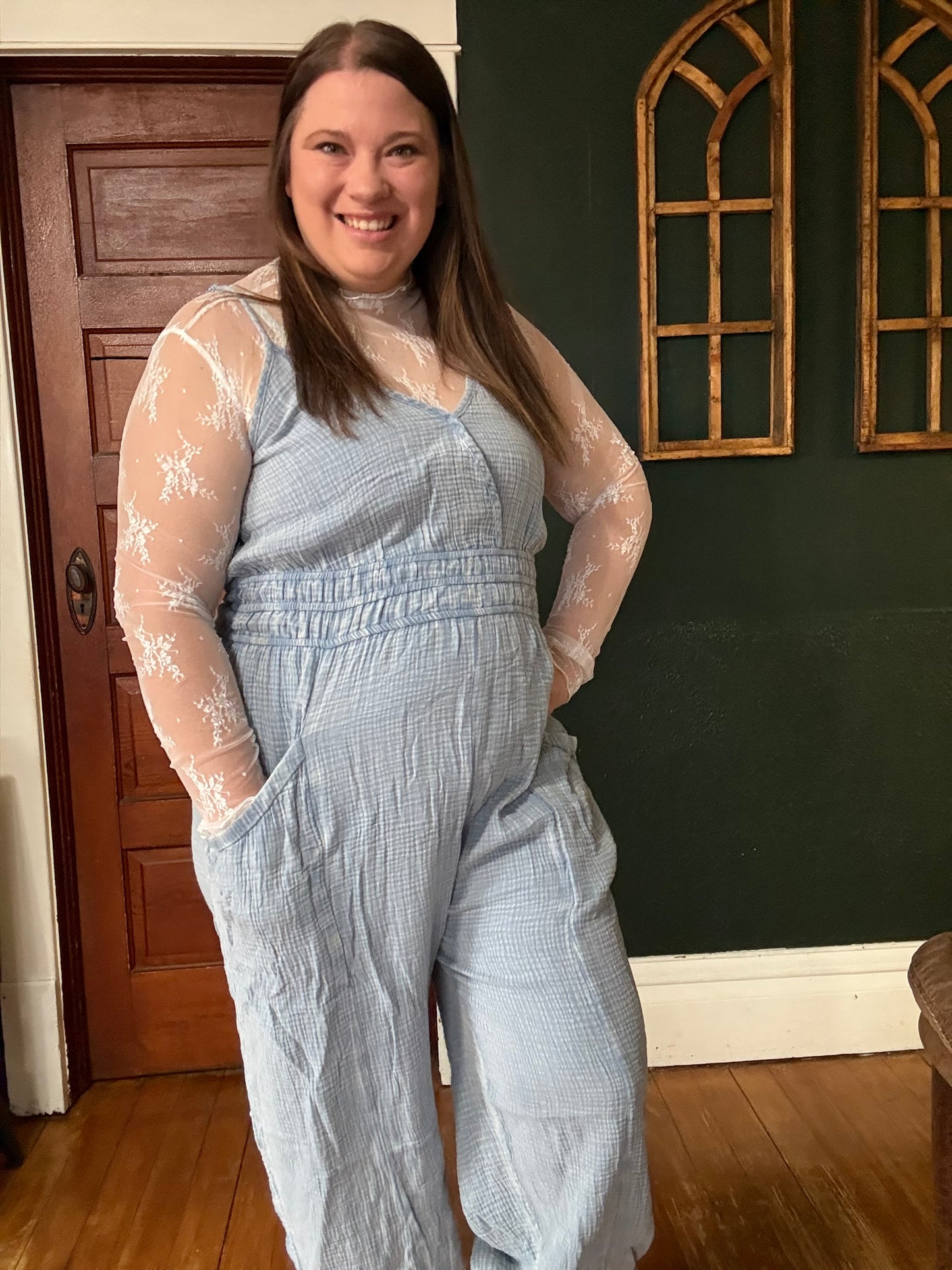 DENIM WASHED GAUZE JUMPSUIT