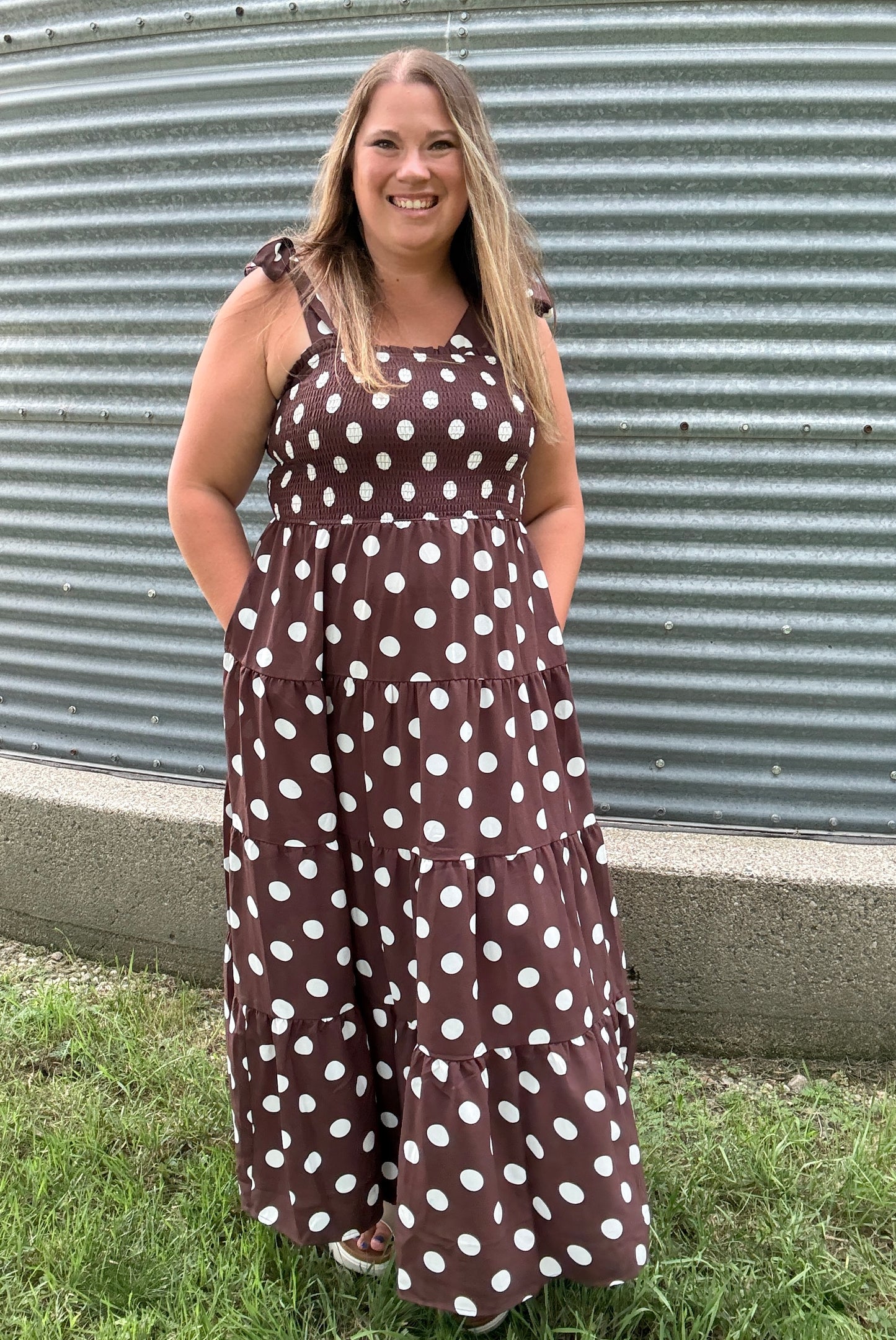 POLKA DOT MIDI DRESS BROWN