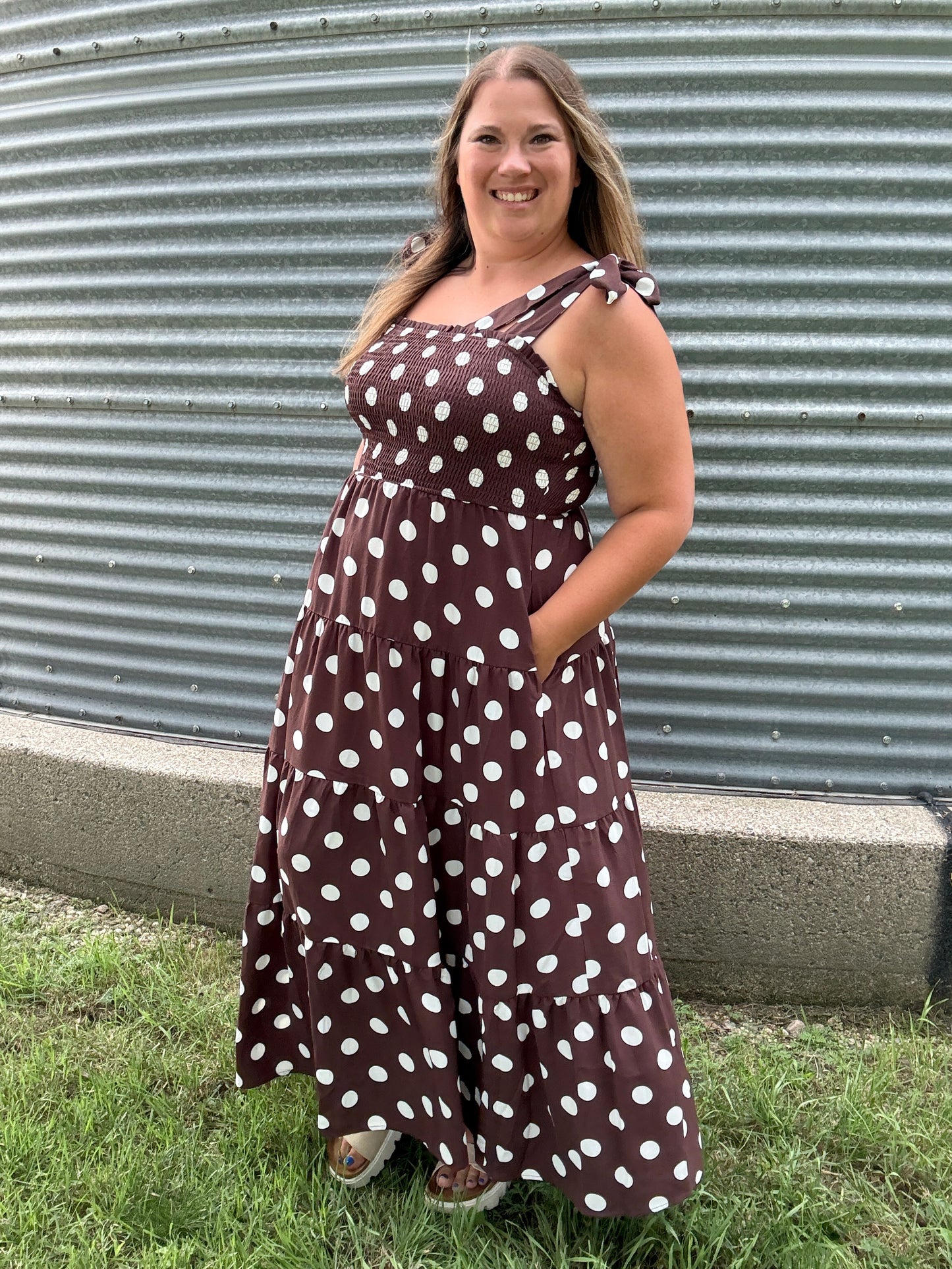 POLKA DOT MIDI DRESS BROWN