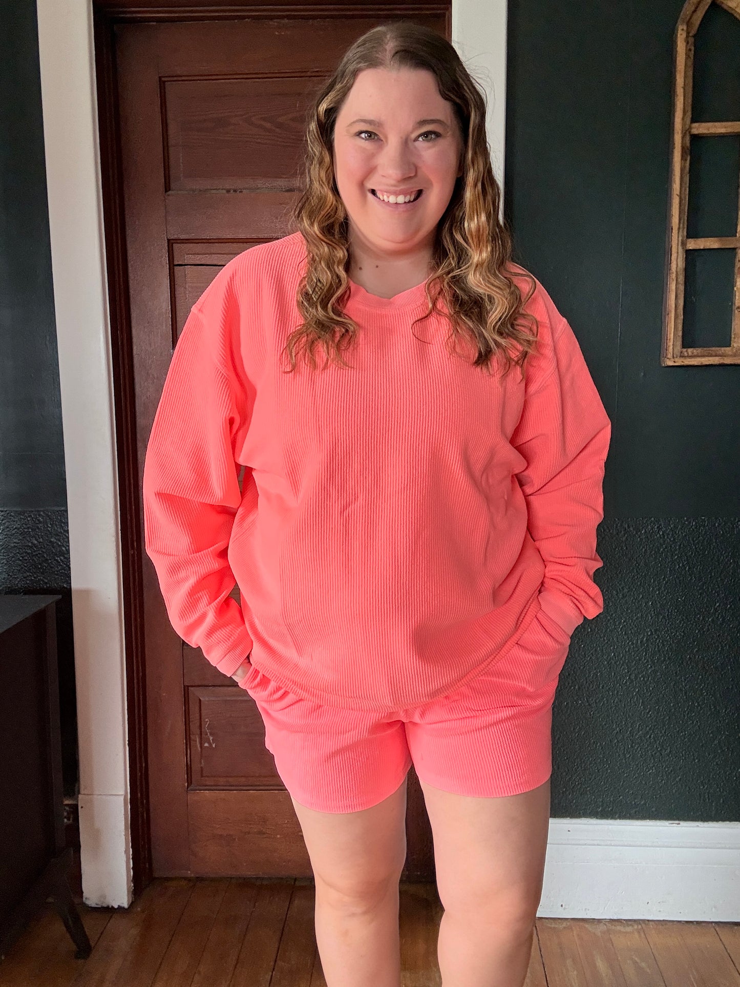 NEON CORAL CORDED CREW