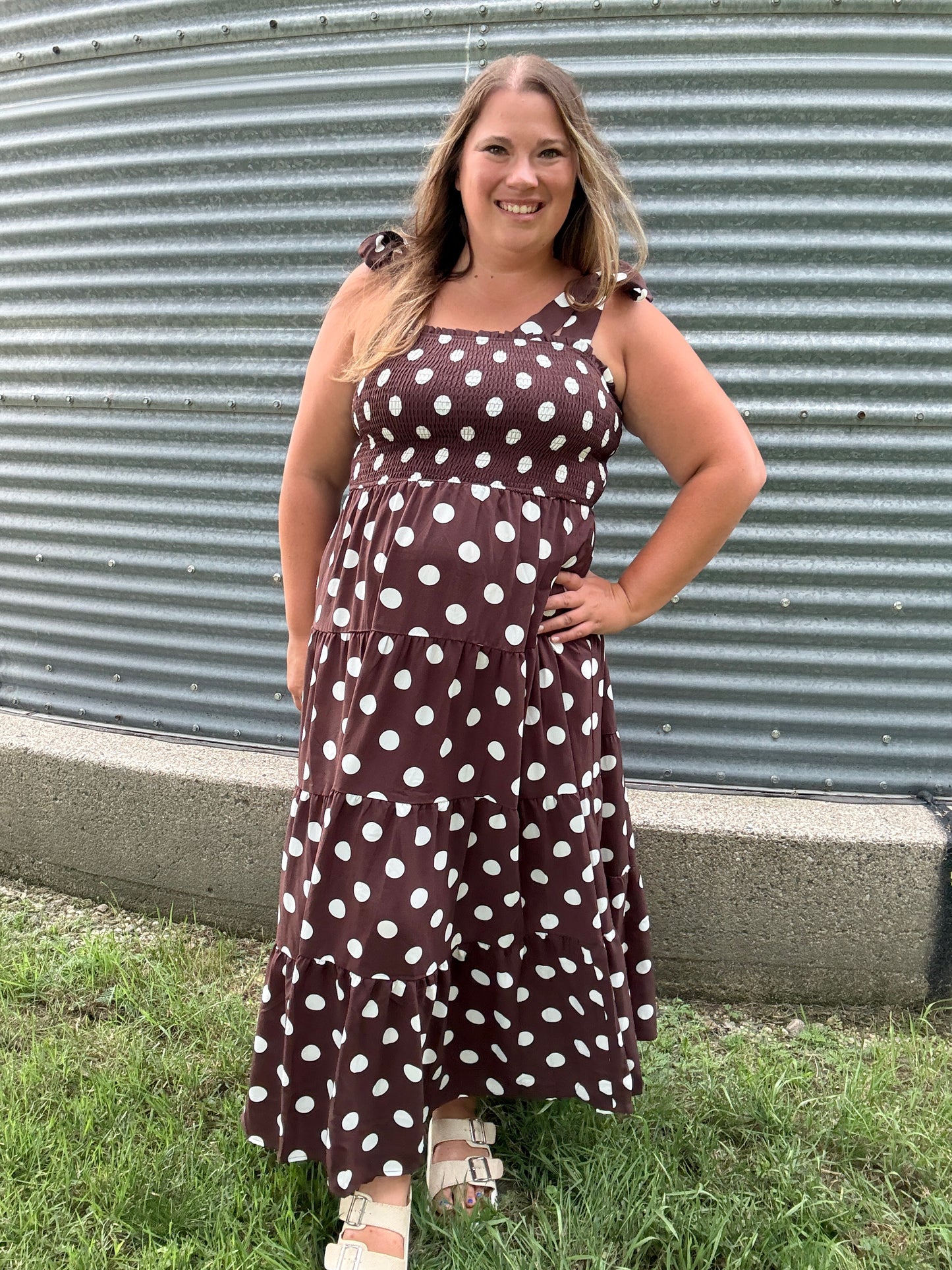 POLKA DOT MIDI DRESS BROWN