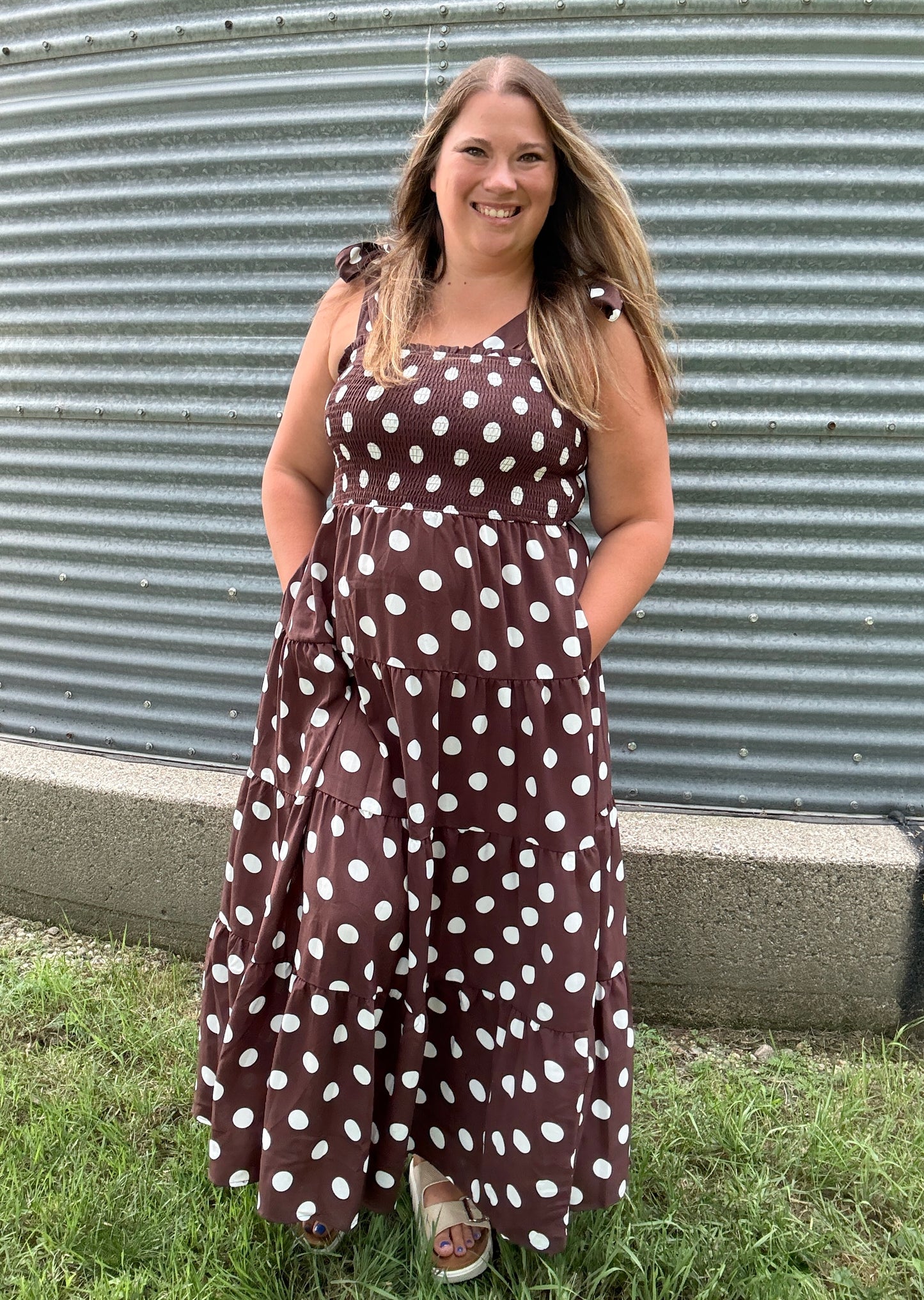 POLKA DOT MIDI DRESS BROWN