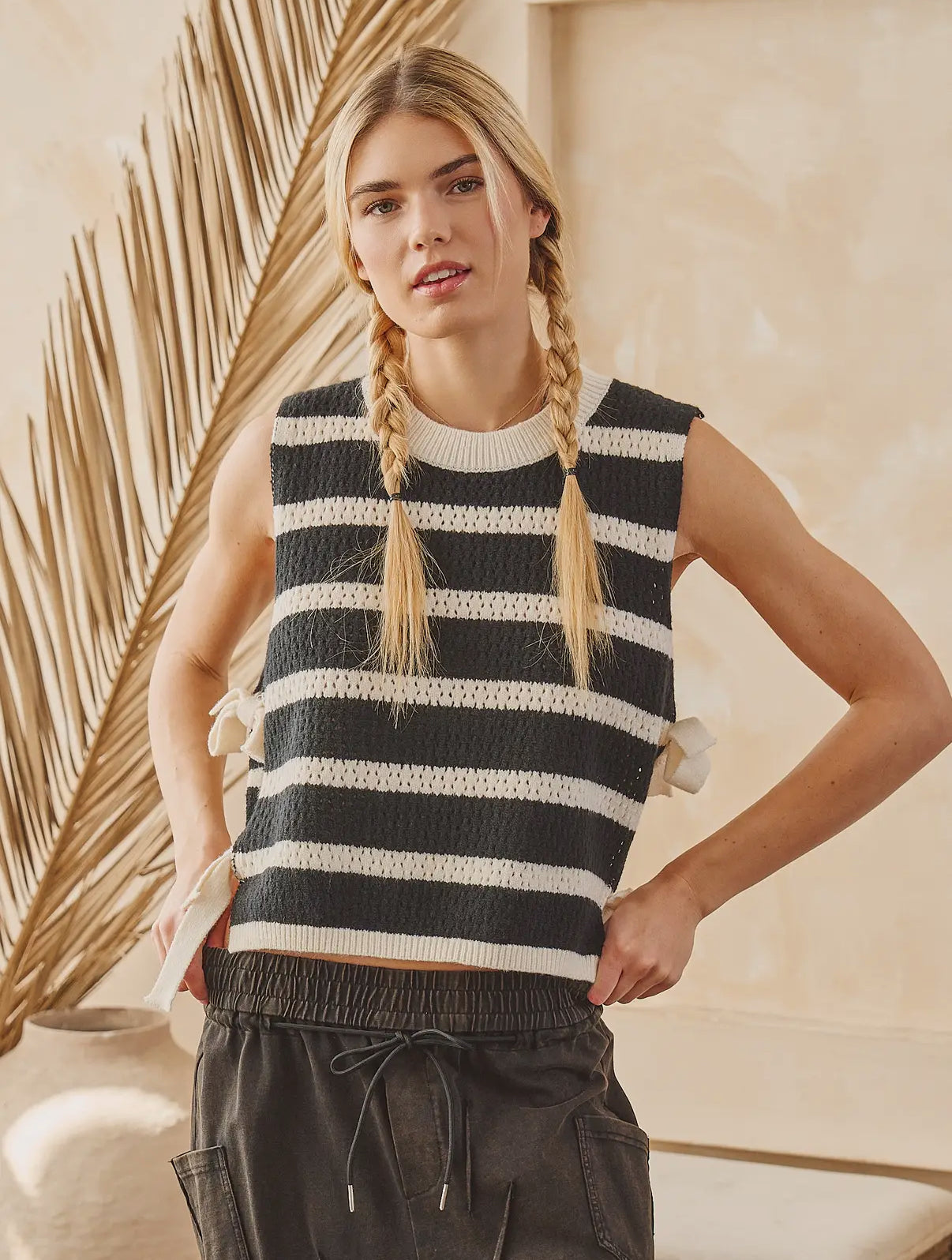 CROCHET STRIPED KNIT TOP SAGE