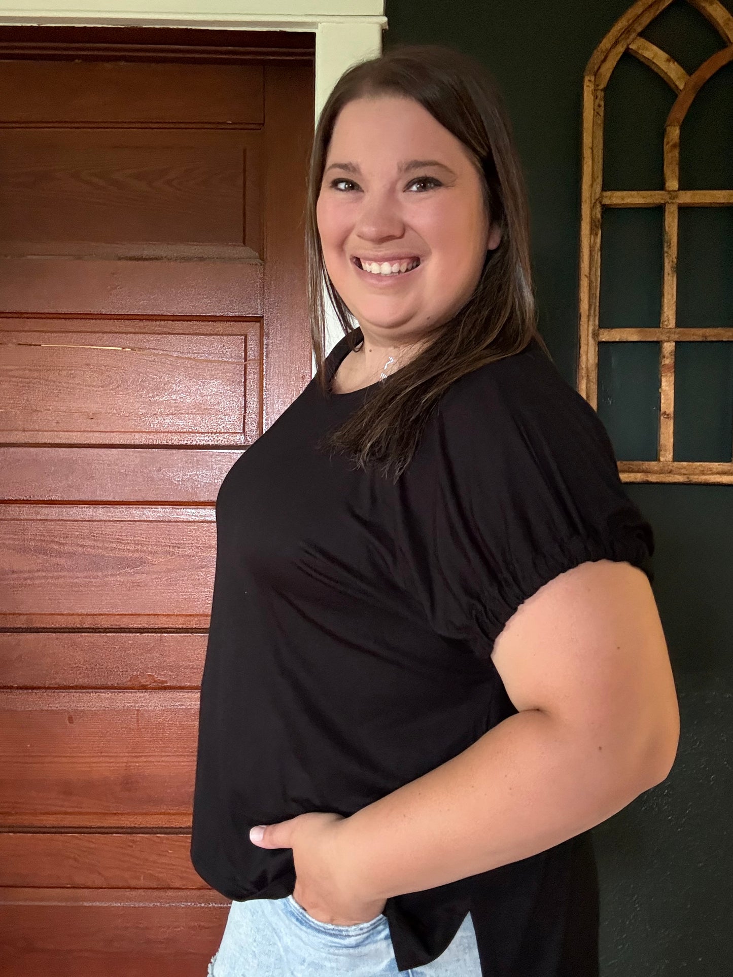 BLACK HIGH LOW BOW SLEEVE TOP