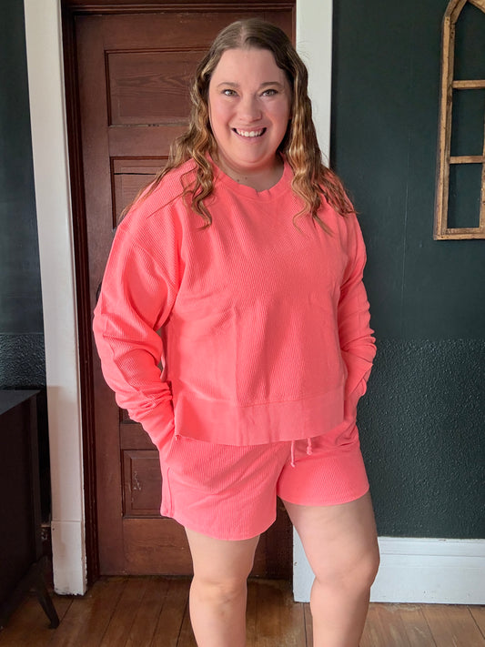 NEON CORAL CORDED CROPPED SIDE SLIT CREW