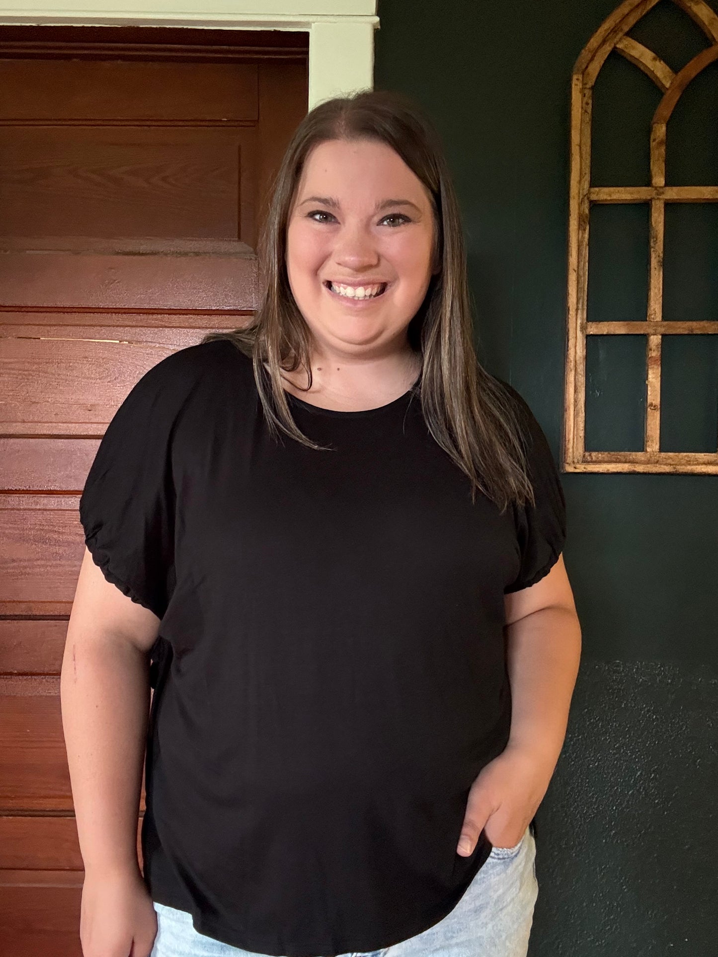 BLACK HIGH LOW BOW SLEEVE TOP